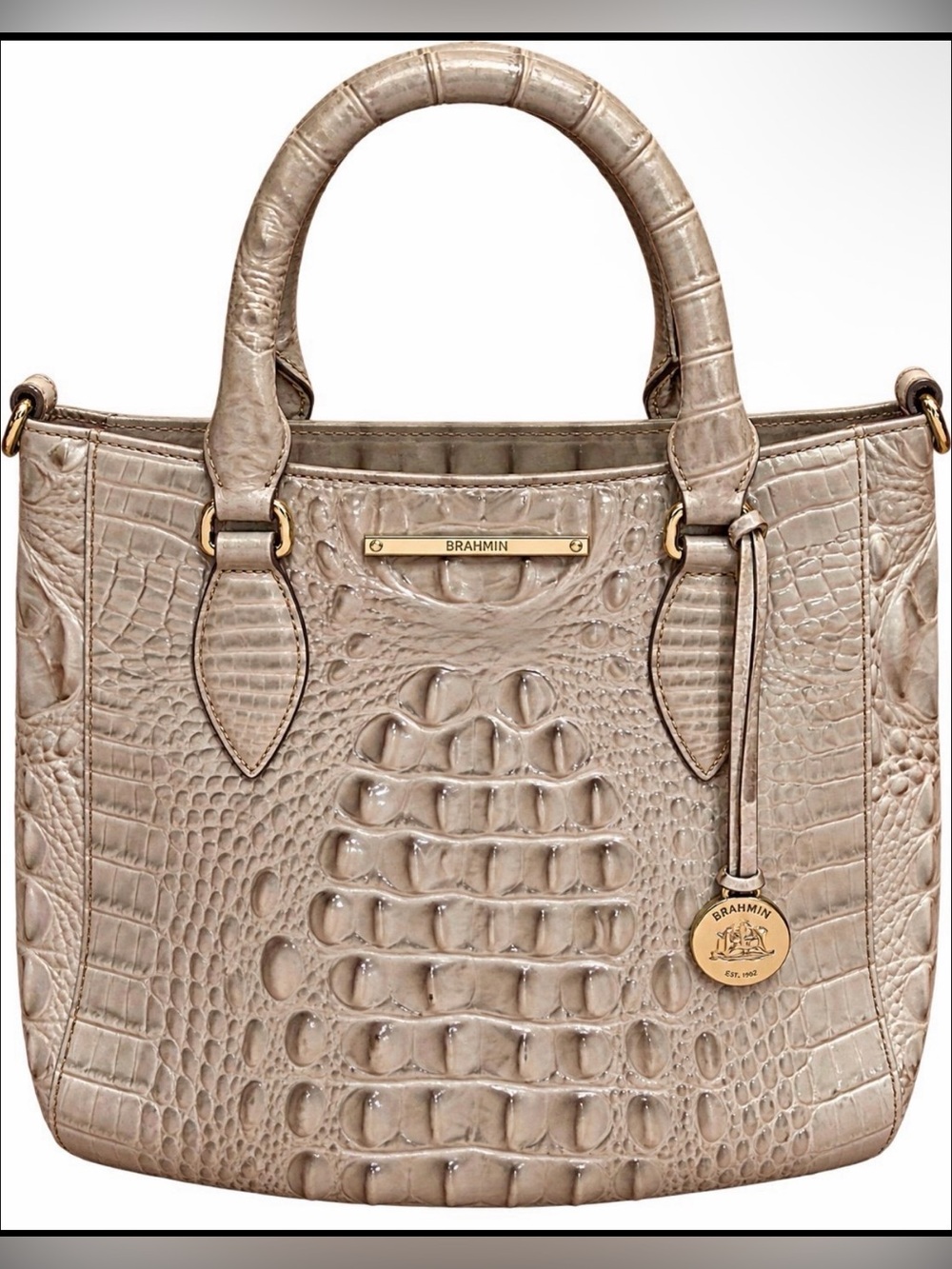 Brahmin Taupe Croc-Embossed Leather Tote with Gold Accents